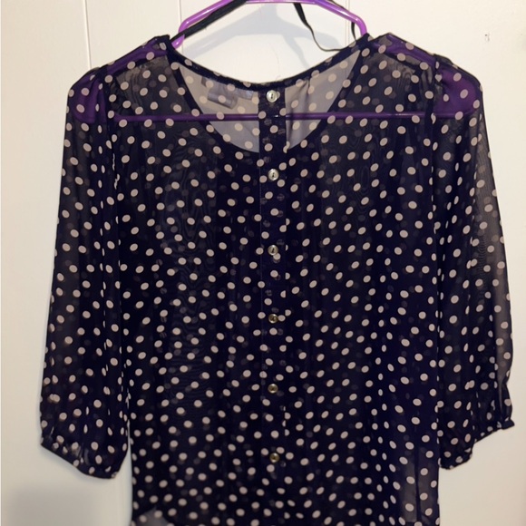 BLACK & BLUSH POLKA DOT SHEER BLOUSE TOP TUNIC BUTTON UP BACK 3/4 SLEEVE M AGACI - Picture 2 of 3